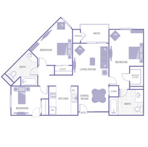 3 bed 2 bath floor plan, living room, kitchen, dining room, patio and storage, 1 walk-in closet, 3 closets